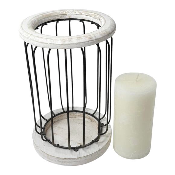VTG Candle Holder w/ Pillar Candle 10” White Wood Black Metal Bird Cage Lantern - Picture 2 of 6